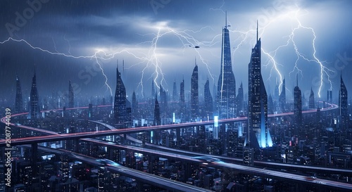 Futuristic metropolis skyline under a stormy night sky with glowing highways and towering skyscrapers illuminated by dramatic bolts of lightning