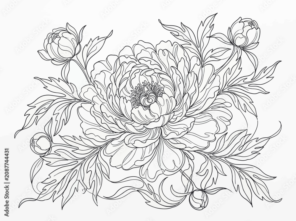 Fototapeta premium Detailed Hand Drawn Peony Flower Illustration Outline for Coloring Page