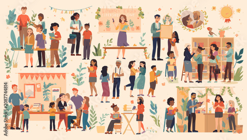 An illustration showing various groups of diverse people engaging in community activities, learning, and social gatherings in different indoor settings.