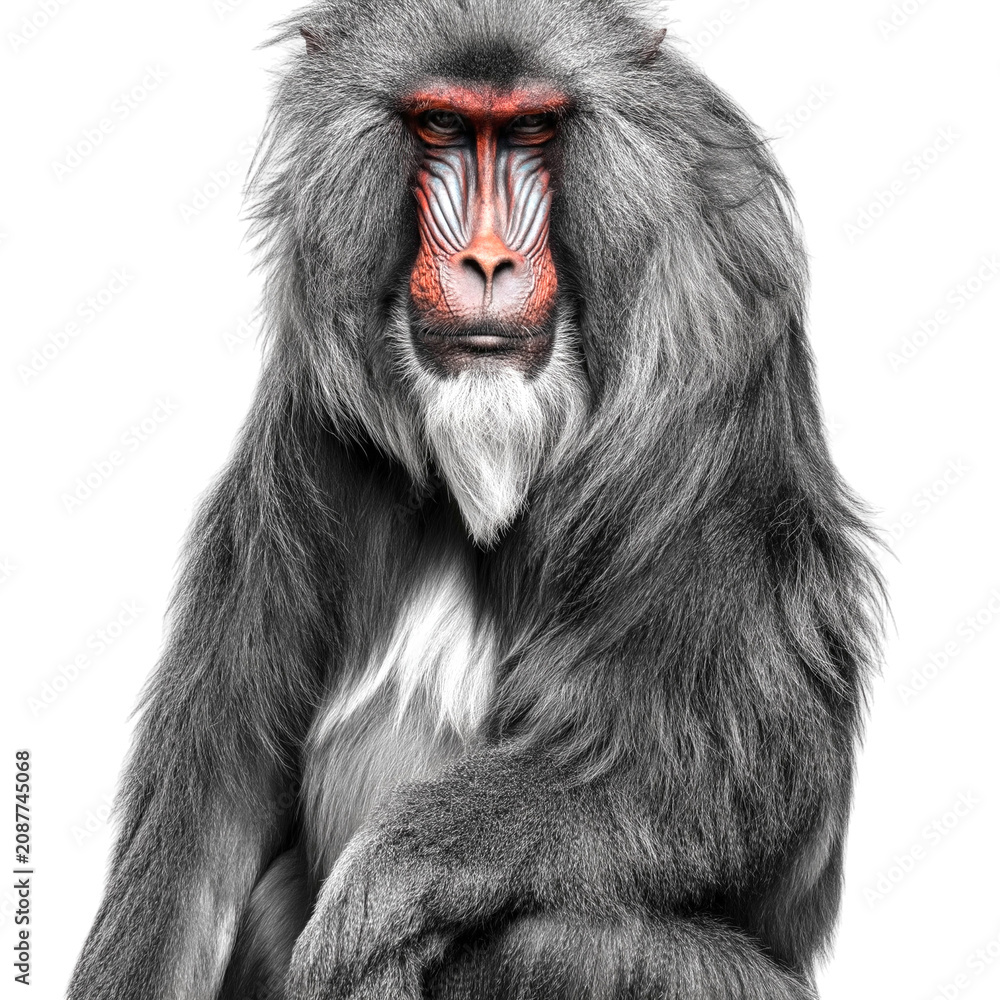 Fototapeta premium Closeup portrait of a mandrill with red face and white fur isolated on transparent background PNG element