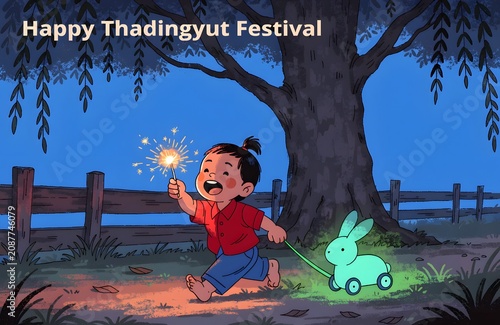 Happy Thadingyut Festival Illustration with Child and Glowing Toy
