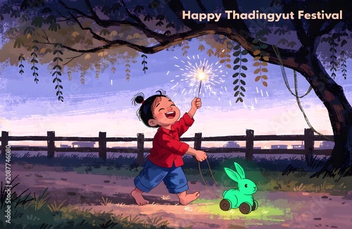 Happy Thadingyut Festival Illustration with Child and Glowing Toy