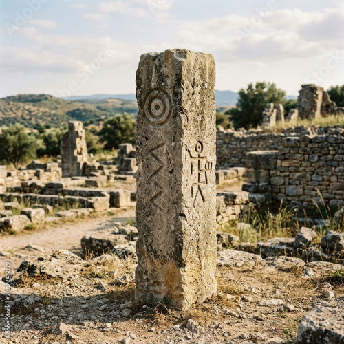 An ancient stone stele engraved with pictographic symbols