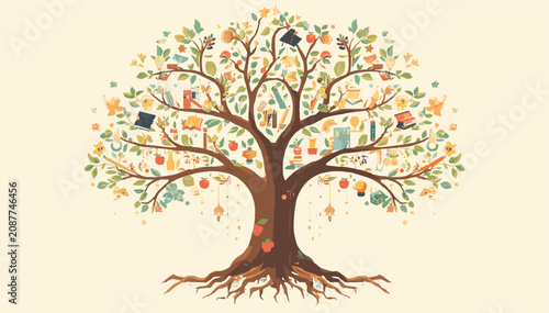 Bild auf Leinwand A vibrant, whimsical tree of knowledge adorned with books, graduation caps, and various symbols of learning and growth, set against a soft, neutral background