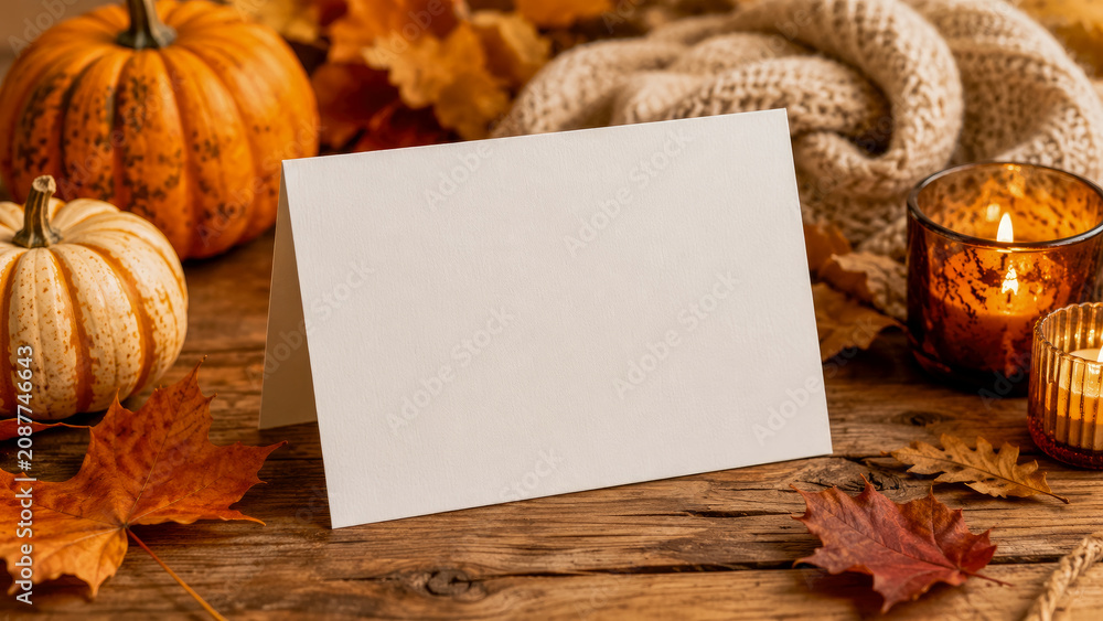 Fototapeta premium Blank white greeting card mockup placed on rustic wooden table surrounded by autumn pumpkins, fall leaves, cozy blanket and warm glowing candles for fall season themes
