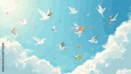 Photos White doves flying freely in a bright blue sky with fluffy clouds, carrying and surrounded by floating colorful books, symbolizing freedom and knowledge