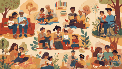 Canvas Print A heartwarming illustration of diverse families and individuals enjoying reading books together in various settings, promoting literacy and togetherness