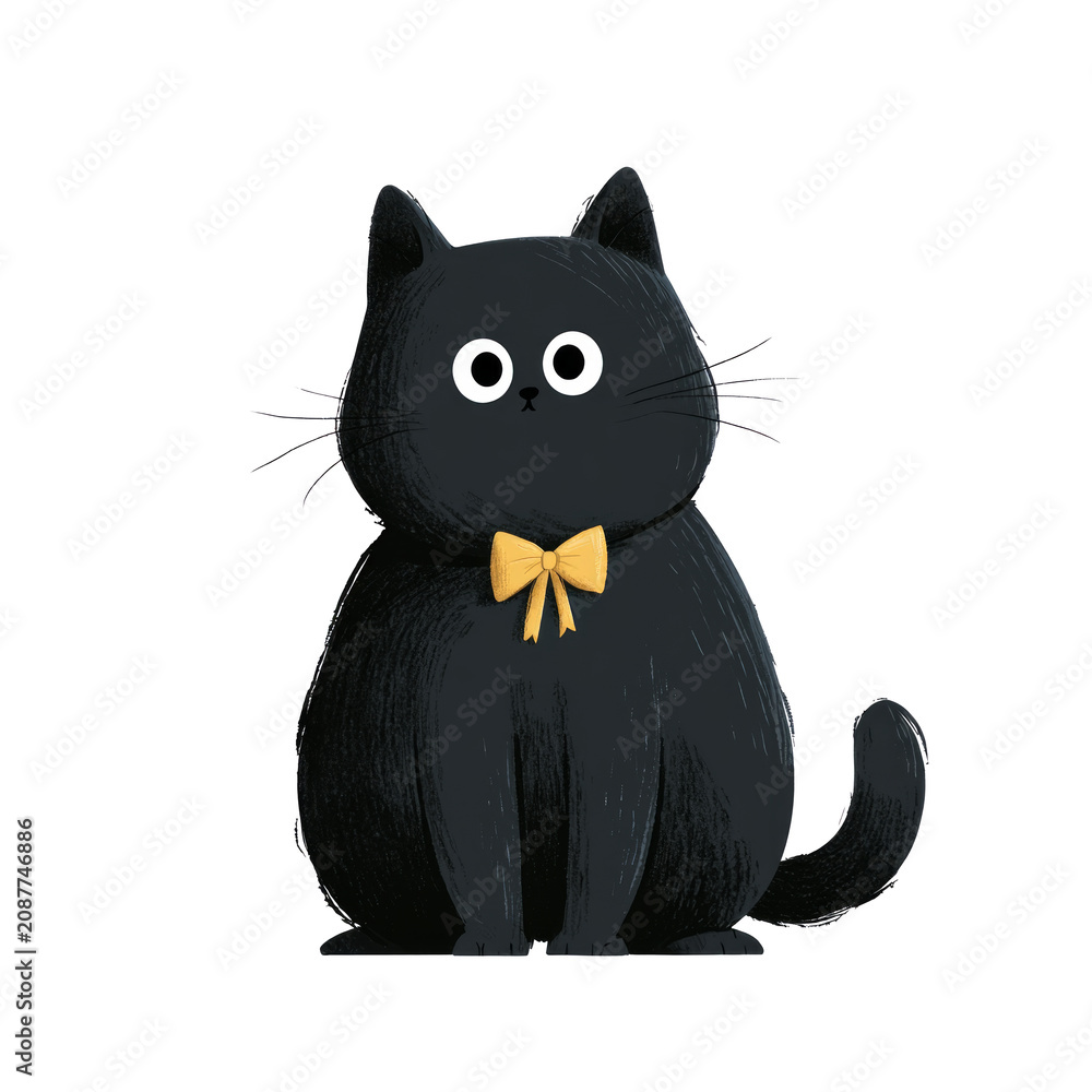 Fototapeta premium Cute Black Cartoon Cat with Yellow Bow Isolated on White