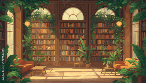Fotografi A sunlit, cozy library filled with lush green plants and towering bookshelves, creating a serene reading sanctuary