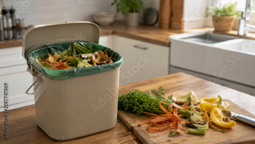 Modern kitchen countertop compost bin filled with organic vegetable scraps and food waste, showcasing eco-friendly practices and sustainable living habits in bright home interior.