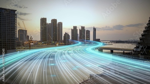 Foto Digital data flow across a modern city symbolizes AI driven business growth, ent