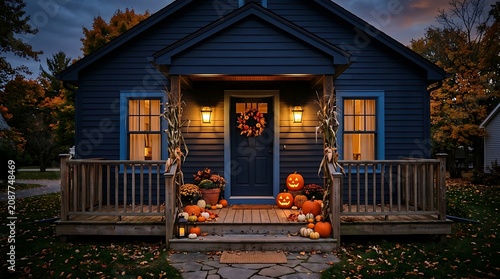 Charming blue cottage decorated for autumn and halloween with pumpkins