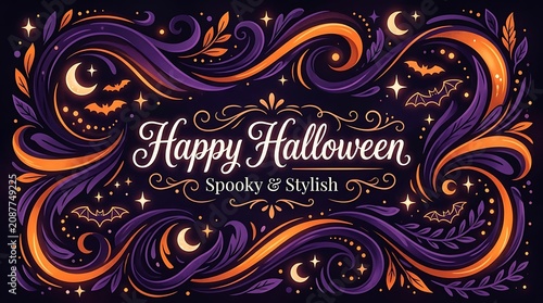 Happy halloween ornate banner with bats moons and swirling decorative elements