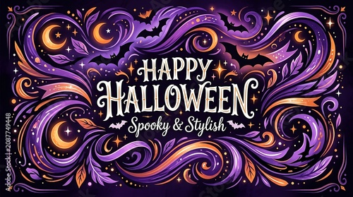 Happy halloween ornate banner with crescent moons stars and swirling decorative elements