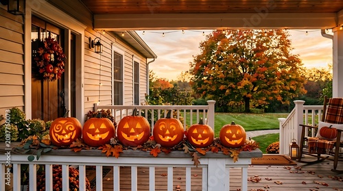 Autumnal halloween porch display with jack o' lanterns and fall foliage