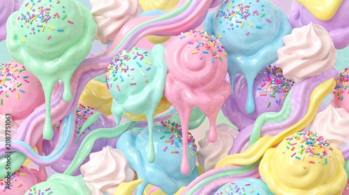 Melting pastel ice cream abundance in a repeating seamless background pattern.