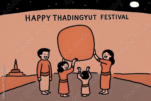 Happy Thadingyut Festival Family Illustration with Sky Lantern