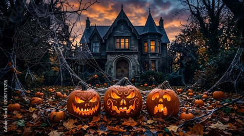 Haunted victorian mansion with jack o' lanterns at dusk for halloween