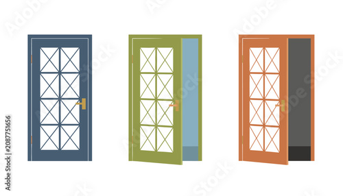 Three classic wooden doors with glass panes showing closed half-open and fully open positions in different colors.