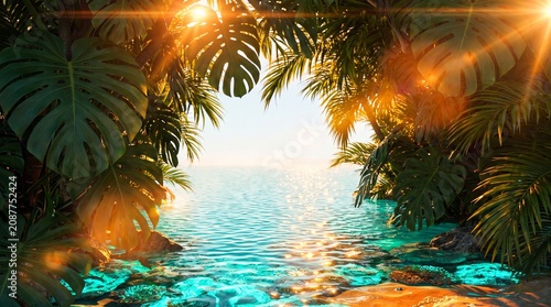 Tropical foliage and water creating an energetic summer cinematic banner background.