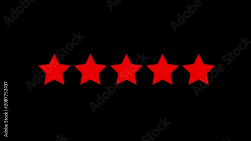 Five red stars rating animation appearing sequentially on black background for review concept