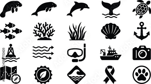 Photography Professional vector illustration set featuring marine life icons and ocean relat