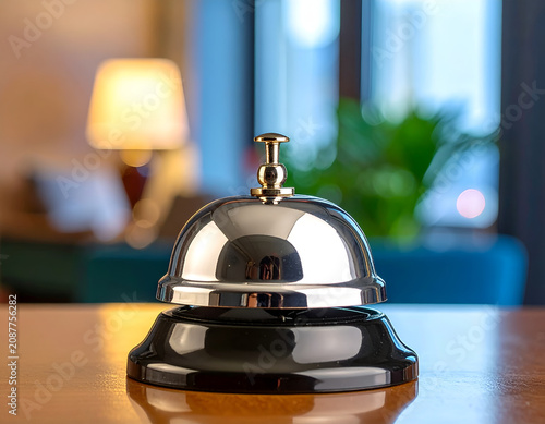 Vintage Hotel Bell on a Wooden Desk with Soft Lighting.