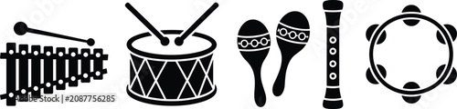 Photos Musical percussion instruments black silhouette icons set featuring drum xylopho