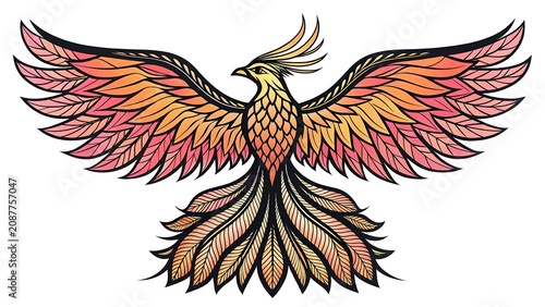 AI vector illustration of a flying fantasy red phoenix mythical bird art