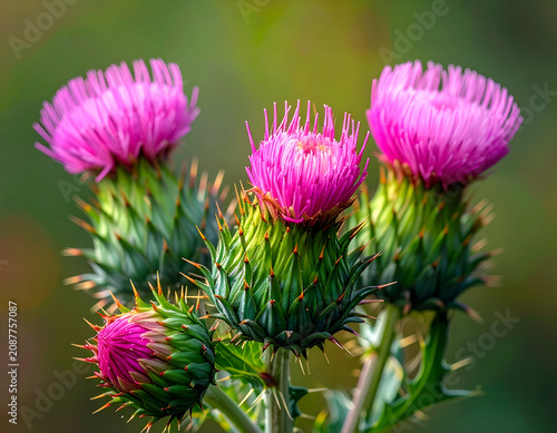Close-up of Vibrant Pink Thistle Flowers in Bloom.