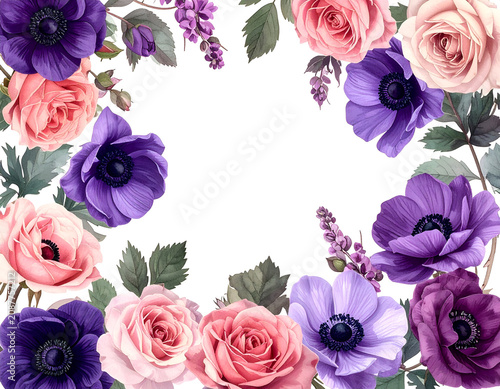 Beautiful Floral Border with Roses and Anemones.