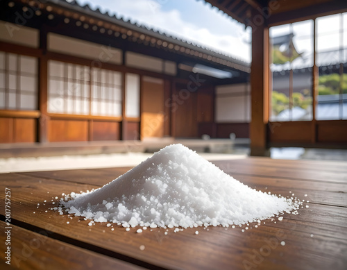 Pile of Coarse Sea Salt on Wooden Surface in Japanese Courtyard.