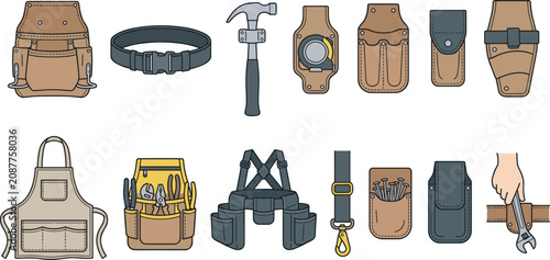 фотографія Professional Tool Belt and Leather Work Apron Vector Set with Carpenter Pouches,