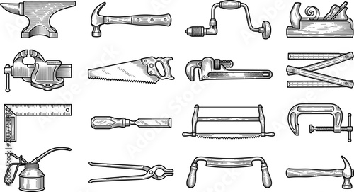 Fotografía Vintage Woodworking Hand Tool Engraving Vector Set with Blacksmith Anvil, Carpen