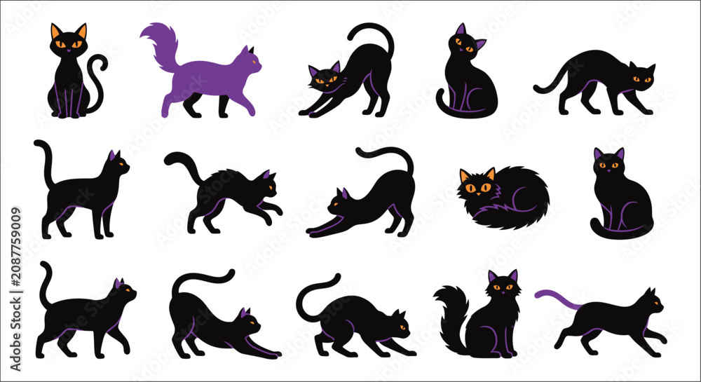 Obraz premium Black Cat Silhouettes And Purple Cat Vector Illustration Collection On White Background