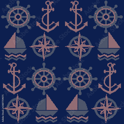 seamless pattern of cross-stitch designs on a deep navy blue background. The elements  ship wheels, anchors, sailboats, and compass pixelated embroidery with a color palette of soft pink and gray 