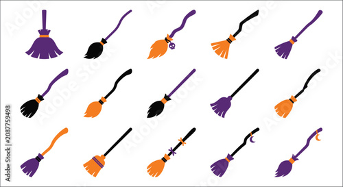 Obraz na plátně Collection Of Witch Brooms In Purple Black And Orange Flat Vector Illustration