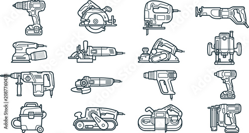 Slika na platnu Power Tool Outline Icon Set Featuring Drills, Saws, Sanders, Routers, Grinders,