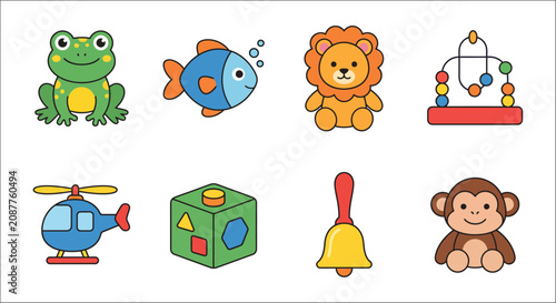 Canvas Print Collection Of Colorful Animal And Object Icons Flat Vector Illustration On White