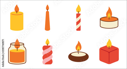 Tableau sur toile Collection Of Eight Colorful Candles Flat Vector Illustration On White Backgroun