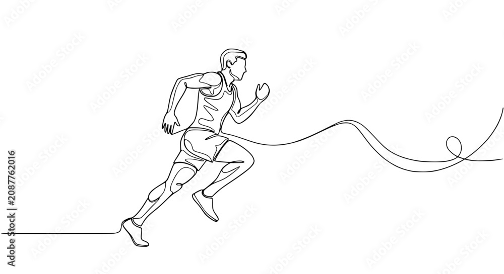 Fototapeta premium Continuous line drawing of a male runner crossing the finish line, athletic motion, minimalist style