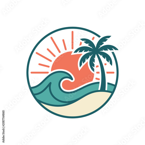 Tropical beach sunset logo with palm tree.