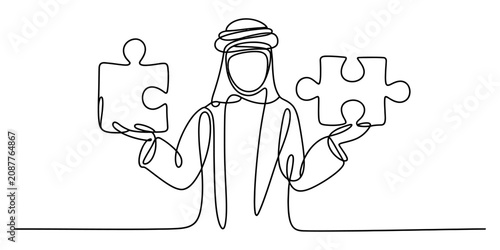 Bild auf Leinwand Continuous single line drawing of an arab man holding two puzzle pieces represen