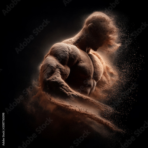 Protein powder forming the abstract shape of muscular dust shaped figure in side chest pose on a dark backdrop