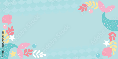 blue background mermaid Rame cute pastel illustration