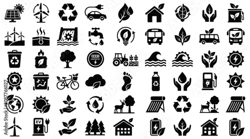 Fotografie Environmental conservation and green power black icons.