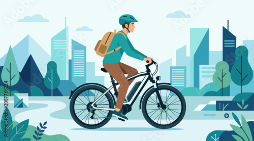 Quadro su tela Man riding electric bicycle through modern sustainable city park.