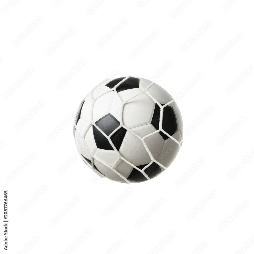 Fototapeta premium A classic soccer ball impacting a white nylon goal net in a minimalist studio, showing extreme tension and motion, triumphant athletic achievement atmosphere