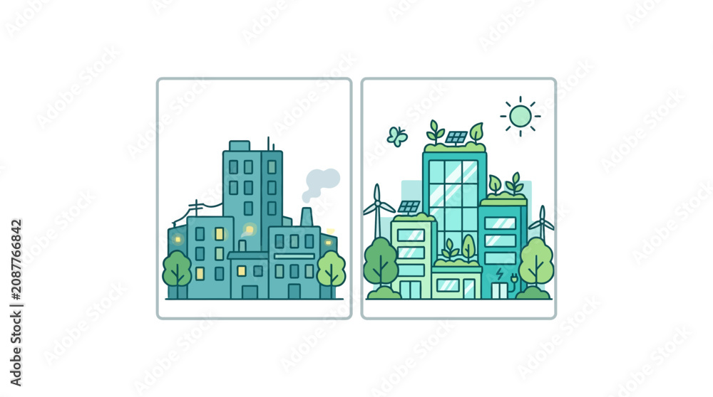 Obraz premium Eco-friendly city vs polluted city comparison, green urban development concept