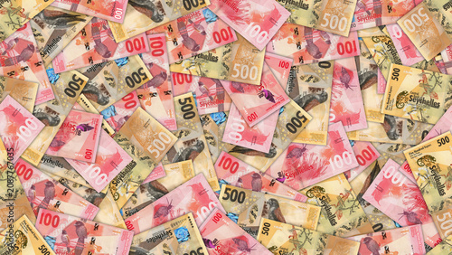 Seamless pattern illustration. Republic of Seychelles. Scattered banknotes, denomination of 100 and 500 rupees. Obverse, reverse. Financial background, economic wallpaper. Business textures. Money